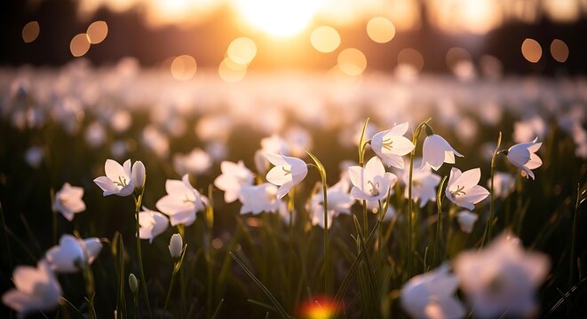 Beautiful white flowers in a field at sunset serene nature scene with blooming florals