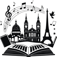 Fototapeta premium Black and white illustration of famous landmarks with musical elements and books