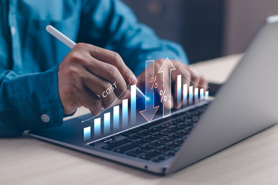 Businessman analyzing cost reduction and quality improvement with digital graph on laptop, financial data analytics, performance optimization, strategic planning and efficiency management concept