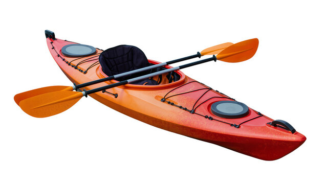 Orange red kayak with two paddles and black seat
