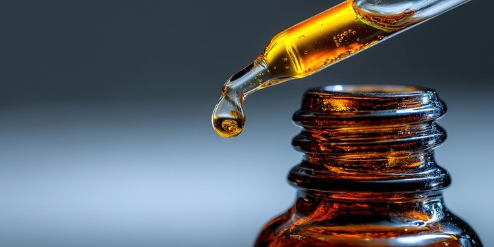 Detailed close up of a drop of golden serum falling from a glass pipette into a medicine bottle, reflecting pharmaceutical precision and high end luxury cosmetic skin care formulation.