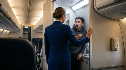 Naklejka premium Flight attendant confronting male passenger smoking inside aircraft cabin.