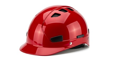 Fototapeta premium Glossy red protective helmet, with vents and a brim, isolated on a white backdrop