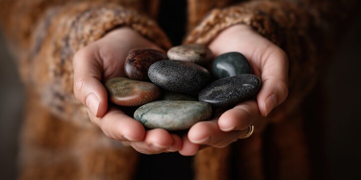 Close up of hands holding various polished dark stones and river rocks for alternative therapy and decorative spa treatment in a warm environment.