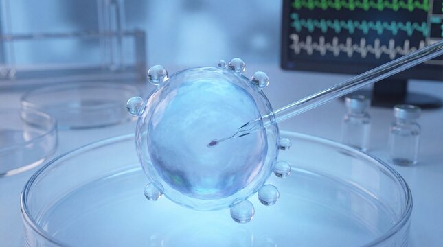 Scientific Research In Vitro Fertilization Laboratory Procedure Microscopic Cell Microinjection Petri Dish Equipment Scientific Discovery Pharmaceutical Analysis