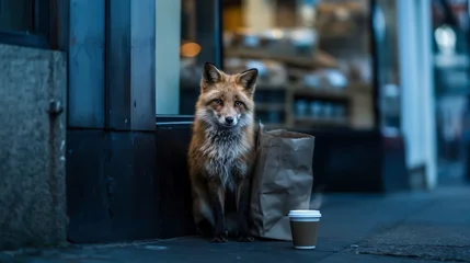 Red fox sits on a city sidewalk beside a takeaway coffee cup at blue hour. Cool light and an urban backdrop create a moody wildlife street scene. © Jonas Weinitschke