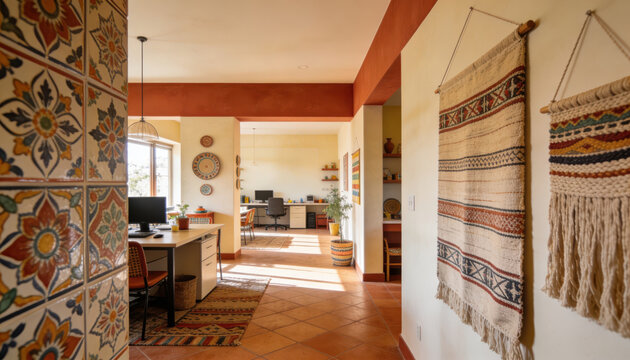 Cinco de mayo workspace decor colorful mexican inspired office with woven wall hangings and terracotta tile floor creating