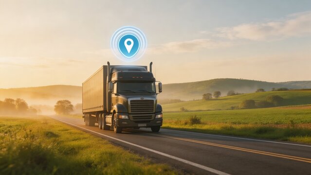 A large truck drives down a rural road with a GPS location icon above it, surrounded by green hills and fields under a blue sky with clouds.