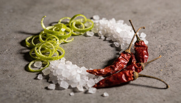 Cinco de mayo workspace decor lime peel spiral coarse salt dried chili pepper circle spice arrangement