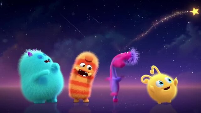 Colorful animated monsters under a starry sky, captured from a low angle in a playful video. Live desktop wallpaper.