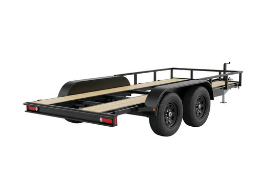 Dual axle utility trailer with a black metal frame and wooden deck for hauling heavy equipment