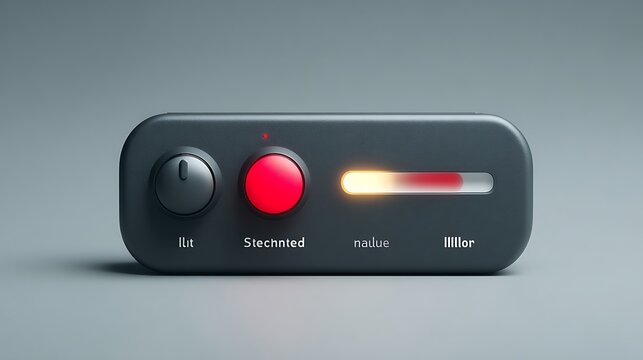Minimalist control interface console featuring a rotary dial and glowing indicator bar, industrial hardware gadget, electronic system module, tactile user input device.