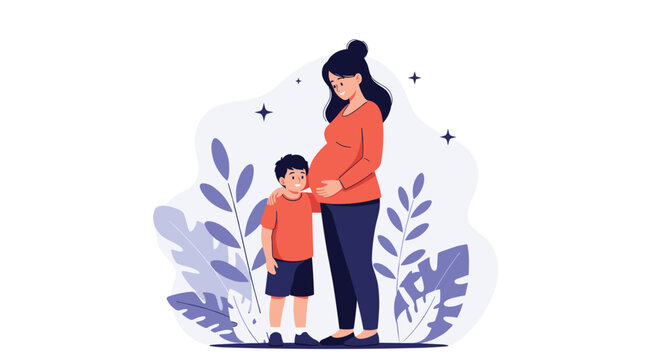 Pregnant woman in a red shirt standing affectionately with a small boy amidst a background of large purple leaves and stars.