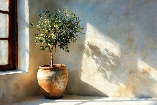 A small olive tree in a terracotta pot by a window