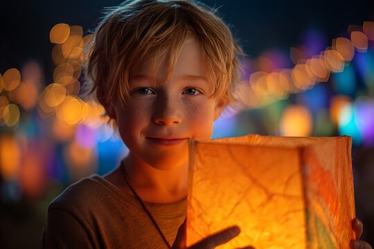 Child holding a vibrant paper lantern at VBS