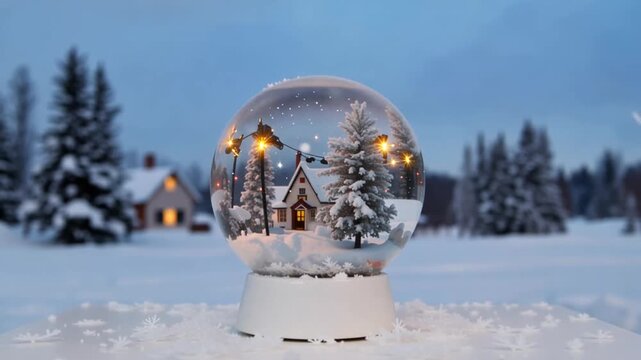 A miniature snowy village inside a transparent glass sphere on a snowy surface with trees and houses in the background