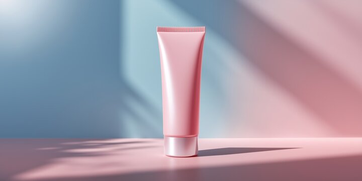 Pink cosmetic tube packaging mockup on solid base with aesthetic palm leaf shadows, elegant minimalist design for sunscreen or moisturizing cream branding