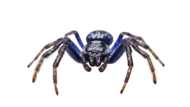 Blue black jumping spider with hairy legs and dark eyes