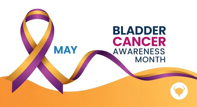 Bladder cancer awareness ribbon in purple and gold represents the annual health campaign held in May.