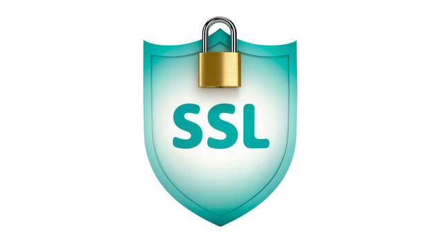 Turquoise Shield Icon with Gold Padlock and SSL Text