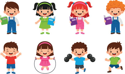 Fototapeta premium Cute Kids Characters Collection with Reading, Jump Rope, Fitness and Play Activities for Children Cartoon Illustration Design