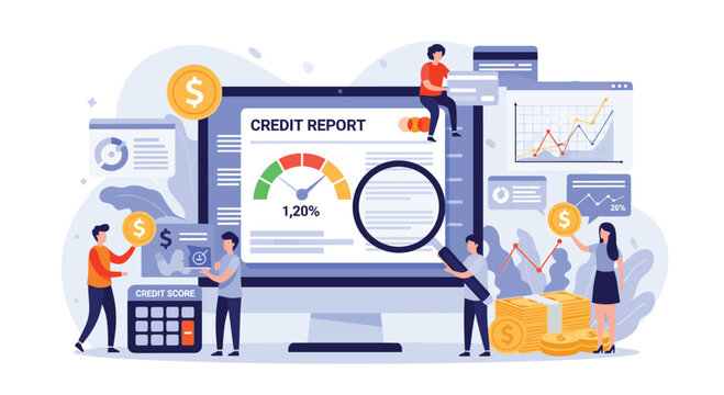 Comprehensive credit report illustration shows people interacting with a large screen displaying financial data, charts, and a score gauge.