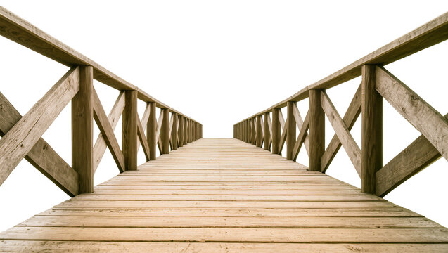 Wooden boardwalk bridge with criss-cross railings, isolated on transparent background