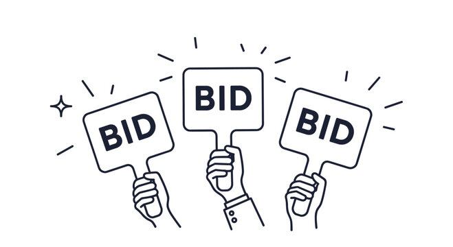 Three hands hold up rectangular signs with the word bid written on them indicating an active auction or competitive bidding process.