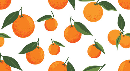 Obraz premium Orange Fruit Seamless Pattern with Leaves Fresh Citrus Background Summer Food Illustration Repeating Vector Design