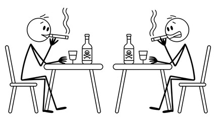 Fototapeta premium Two stick figures are sitting at tables smoking cigars and drinking from bottles with skull symbols.
