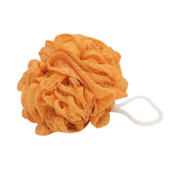 Orange bath sponge isolated on transparent background. Loofah for body cleaning and skincare routine. Accessory for shower or bathtub usage. Health and beauty hygiene tool for daily washing.