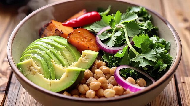 Close-up of healthy bowl with avocado, chickpeas, and greens on wooden table