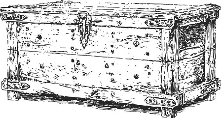 Obraz premium Vintage wooden chest with metal hinges and latch, antique storage box illustration