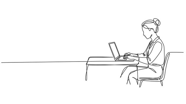 animated continuous line drawing of woman sitting at desk using laptop computer, line art animation
