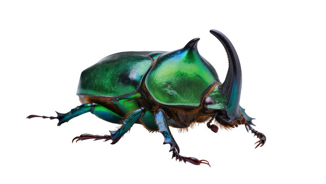 Iridescent green rhinoceros beetle with large horn, isolated on transparent background