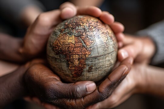 Diverse hands holding a single globe of the earth
