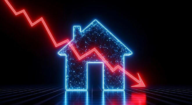 Glowing house outline with a descending red arrow indicating a market downturn on a dark grid