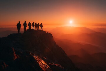 Fototapeta premium Group of men in a circle at a sunrise hike