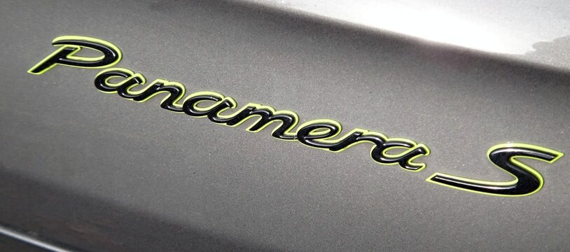 Porsche Panamera S hybrid electric vehicle emblem detail