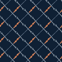 Fototapeta premium Seamless pattern with screwdrivers and wrenches arranged in a criss-cross pattern. Watercolor illustration of metal tools on a dark blue background. Realistic seamless template for wallpaper, printing