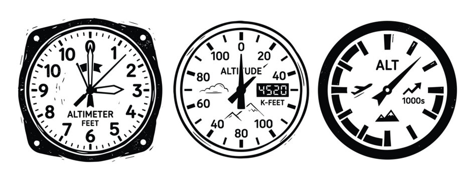 Collection of altimeter gauge icons for aviation and flight altitude measurement
