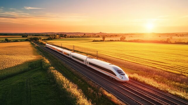 High-speed train travels through fields at sunset in a rural area of Europe