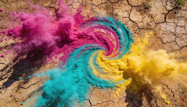 Holi color splash swirl of cyan magenta and yellow pigments exploding over cracked earth creating vibrant motion and joyful