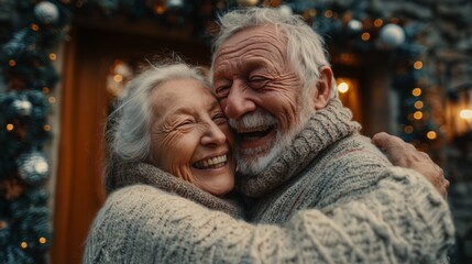Fototapeta premium Happy senior couple embracing outdoors with festive christmas decorations