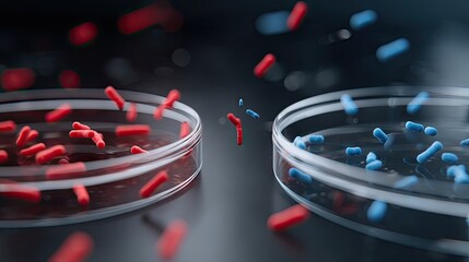 Obraz premium Colorful virus cells in petri dishes on a dark background for promotional imagery and television ad concept