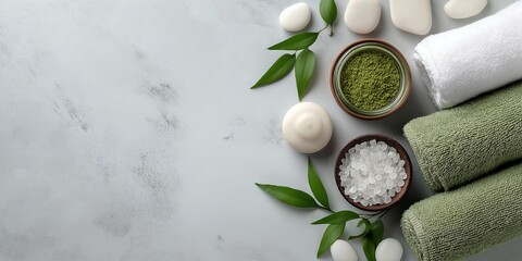 Plakat Top view of organic spa ingredients including matcha green tea powder, sea salt crystals, white towels, and fresh green leaves on a textured marble background for detox.