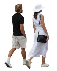 Man and woman in elegant summer clothing walking seen from back angle, isolated on white and...