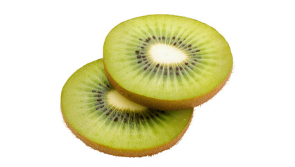 Fototapeta premium Two vibrant green kiwi fruit slices with black seeds, isolated on transparent background
