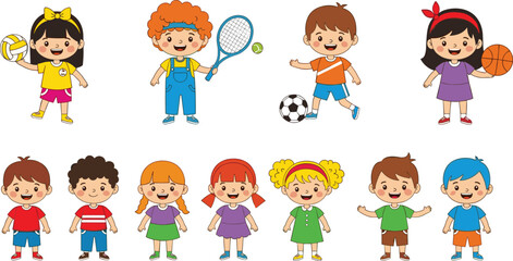 Fototapeta premium Cute Kids Characters Collection with Sports Activities and Casual Standing Poses for Children Cartoon Illustration Design