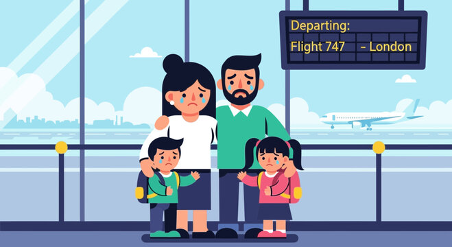 Sad Family at Airport Departure Gate Crying Over Flight to London